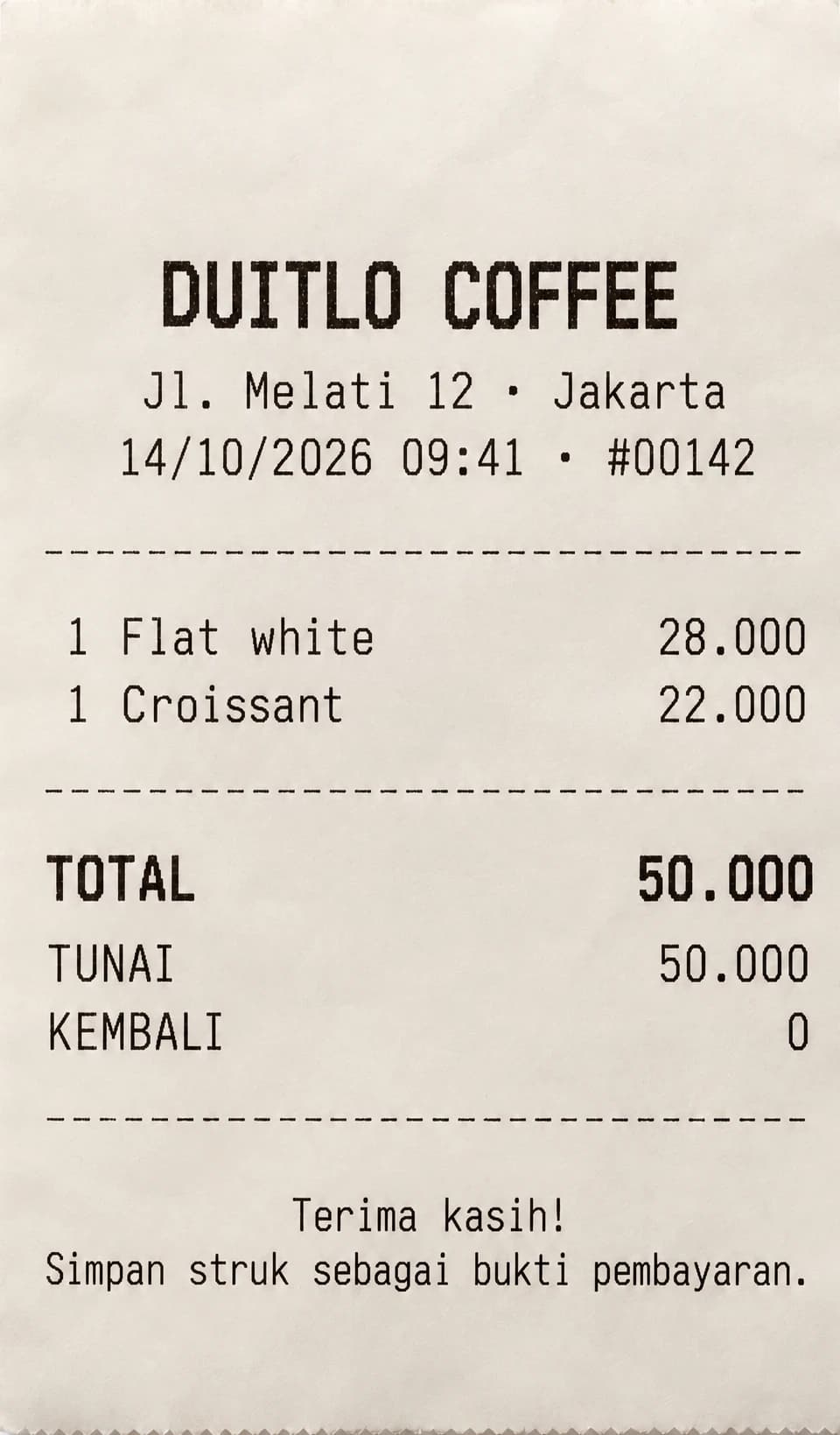 Struk DuitLo Coffee, total Rp50.000
